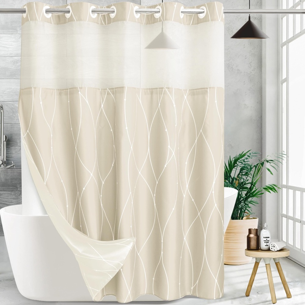 NEW Fabric Shower Curtain, Mesh Window Hook Free Removable Liner 71” W x 74” H